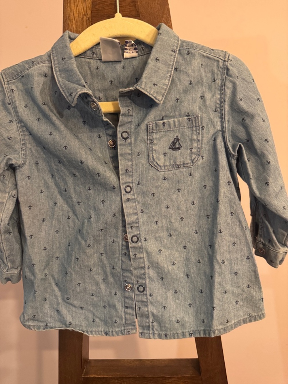 Petit Bateau- Light Blue Anchor-Print Denim Shirt for Kids